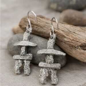 Artisan Inukshuk Dangle Earrings – Textured Cast Silver Tone | 2” Drop